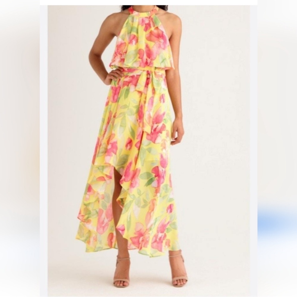 Eliza J Womens Watercolor Floral Hi Lo Hem Dress Sz 4 Yellow & Pink Halter
